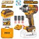 INGCO 20V 2X4.0AH LI-ION BRUSHLESS 1/2" IMPACT WRENCH 500NM CIWLI2050