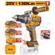 INGCO 20V 136NM BL HIGH TORQUE IMPACT DRILL 2X5.0 + BITS & CASE CIDLI201368